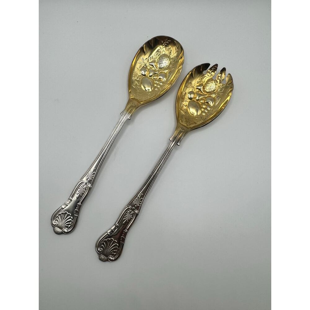 Sheffield England Silver plate, EPNSA1 2 Pieces 9” Salad Set Gold Wash.